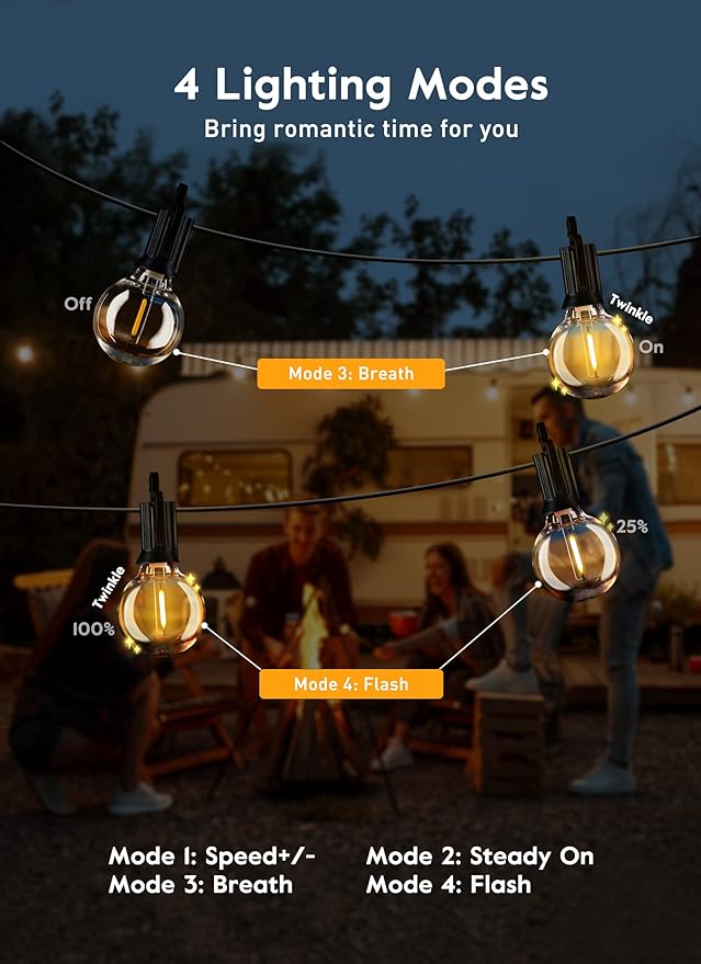 Brightown Outdoor String Lights with Remote, 2 Packs Each 38Ft 15 LED Patio Lights Outdoor Waterproof, String Lights for Outside, Dimmable Hanging Lights for Porch Balcony Bistro Cafe