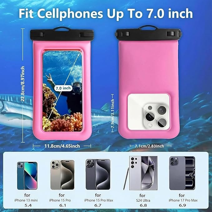Floatable Waterproof Phone Pouch/Case with Crossbody Lanyard for iPhone 17 Series 16 Pro Max/15 Pro/14/13/12, IP68 Cellphone Dry Bag Beach Cruise Ship Essentials, 1 Pack-Pink-7″