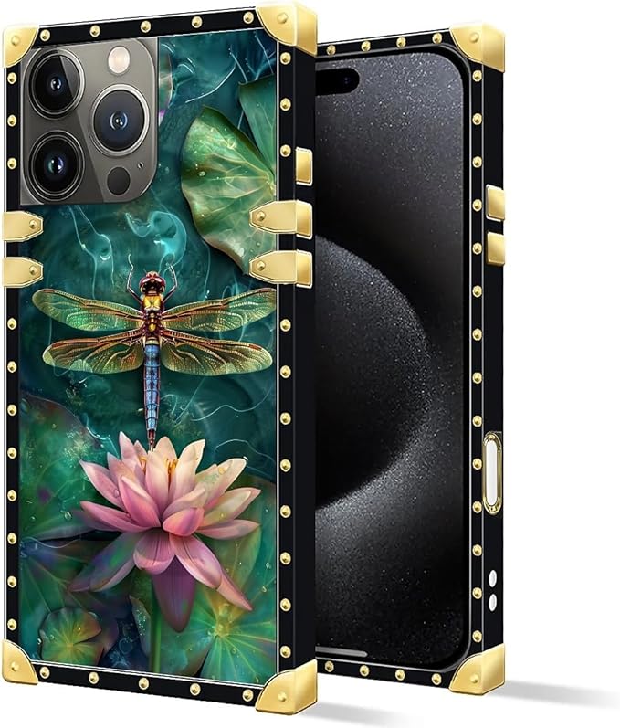 Compatible with iPhone 16 Pro Case, Colourful Dragonfly Pink Lily Pads Luxury Golden Decoration for Girl Women Soft TPU Shockproof Protective Hard PC Back