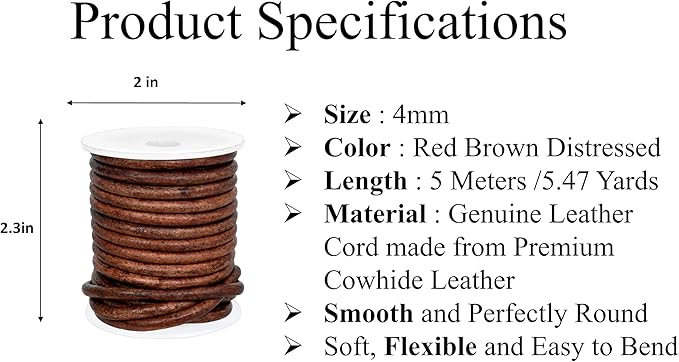 GENIQUE Real/Genuine Round Leather String Cord for Necklace, Bracelets, Jewellery, Braiding (4mm, Red Brown Distressed)
