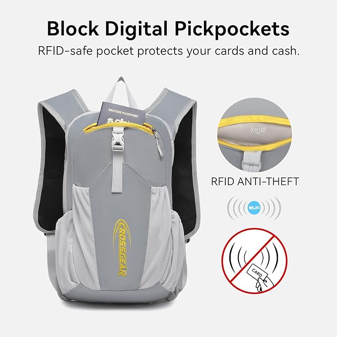 16L Small Hiking Backpack, CROSSGEAR Lightweight Waterproof Foldable Backpack, Travel Camping Outdoor Daypack for Women Men, Gray