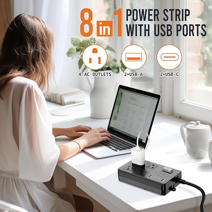 10FT Outdoor Waterproof Power Strip Surge Protector with 4AC Outlets 4USB Ports Power Switch Safety Lock, ETL Certified for Patio Garden Charging