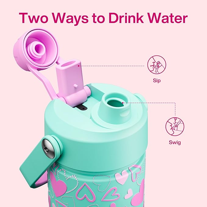 ENCOOL Valentine's Day Insulated Water Bottle with Straw Stainless Steel Water Bottle, Leak-Proof, BPA-Free, Keeps Cold for 24 Hours for Sports, Travel, School (26 oz, Sweet Hearts Violet x Mint)