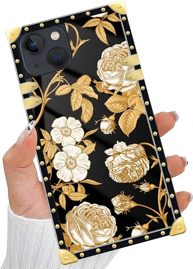 Compatible with iPhone 14 Case, Blooming Rose Golden Flower Luxury Golden Decoration for Girl Women Soft TPU Shockproof Protective Hard PC Back for iPhone 14