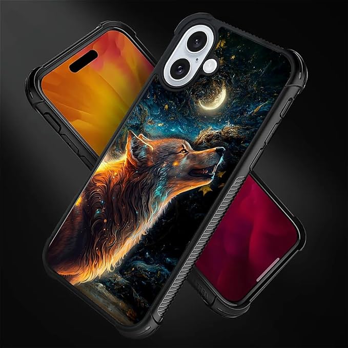 for iPhone 16 Case, Star Cave Hungry Wolf Pattern Graphic Design Girl Boy Soft Silicone Hard Acrylic Shock Protection for iPhone 16