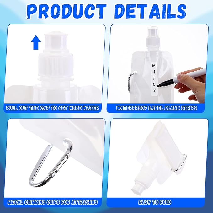Teenyyou 24 Pack Collapsible Water Bottles Bulk 16oz Foldable Water Bottles with Carabiner Reusable Drinking Leak Proof Container Bags for Sport Biking Hiking Camping Travel Outdoor (White)