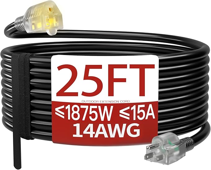 25 FT 14/3 Extension Cord Outdoor, Heavy Duty Weatherproof & Flame Retardant Black 3 Prong Power Cord with Light, Outside for Lawn & Garden, 15 Amps 1875 Watts 125 VAC 14AWG SJTW, ETL Listed