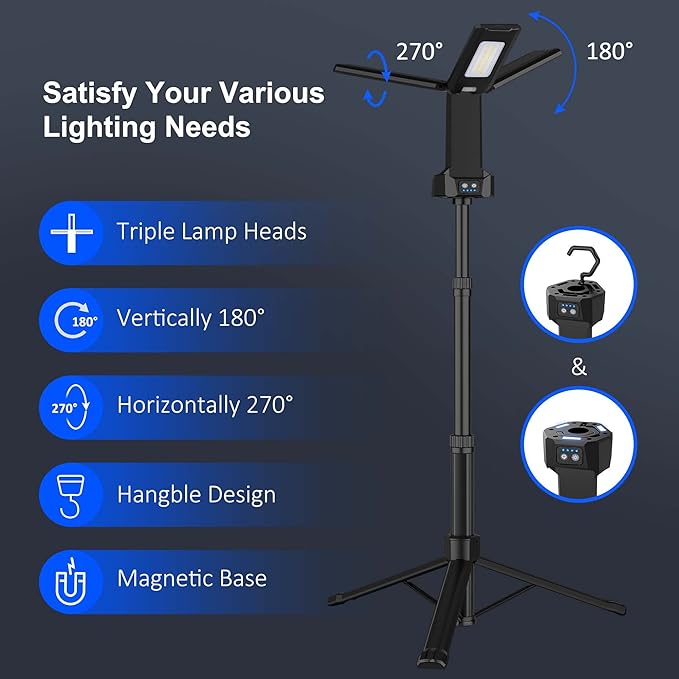 Rechargeable LED Work Light with Stand, Aluminum 67" Portable Cordless Work Light, 8AH Battery, 500/1500/2500 Lumen, 4000/6500K Dimmable Camping Light with Detachable Tripod (Carrying Bag Included)