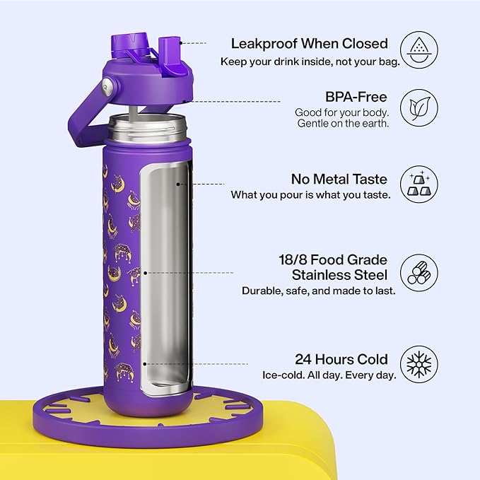ENCOOL Insulated Water Bottle with Straw Stainless Steel Water Bottle, Leak-Proof, BPA-Free, Double Wall Vacuum Keeps Cold for 24 Hours for Sports, Travel, School (26 oz, Moonlit Cat)