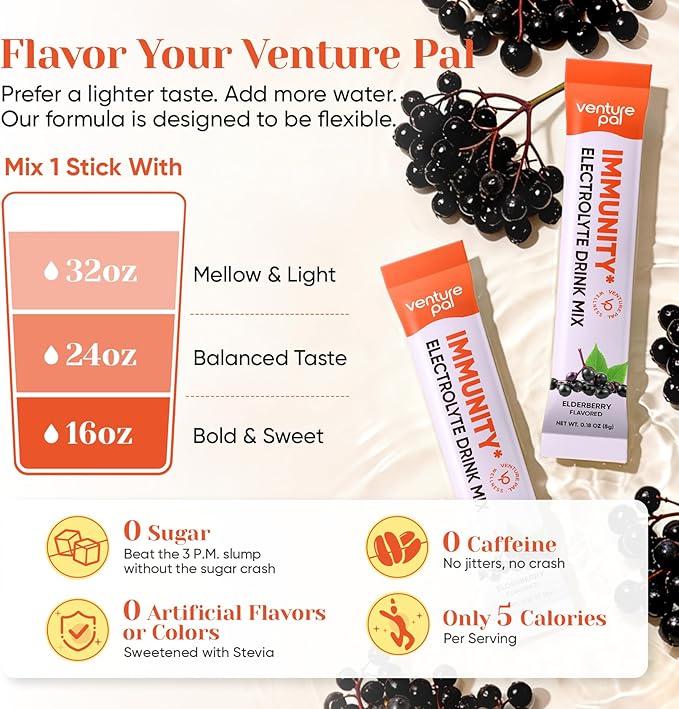 Venture Pal 2-in-1 Hydration + Immune Electrolytes Powder Packets with 7 Electrolytes & 6 Vitamins, Elderberry, Turmeric, Echinacea | Liquid Daily IV Drink Mix | Sugar Free | Keto Friendly, 16 Sticks