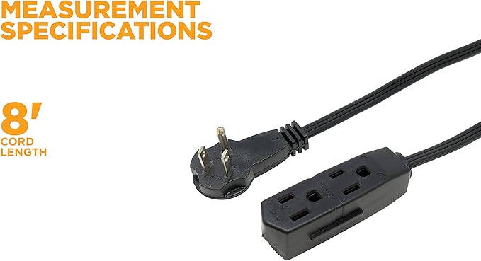 Woods 2243 16/3 Flat Indoor Extension Cord, 8-Foot, 3 Grounded Outlets, Right Angled Plug, Space Saving Design, UL Listed, Black