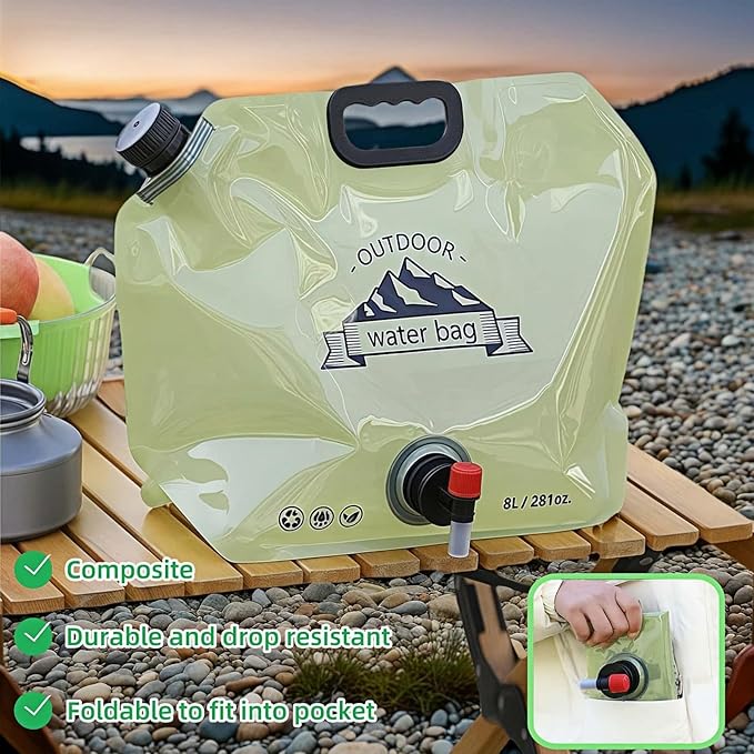 8L/281oz Outdoor Collapsible Water Jug BPA-Free w/Adjustable Faucet - Portable Leakproof Water Storage for Camping, Hiking, Travel & Emergencies (Light green)
