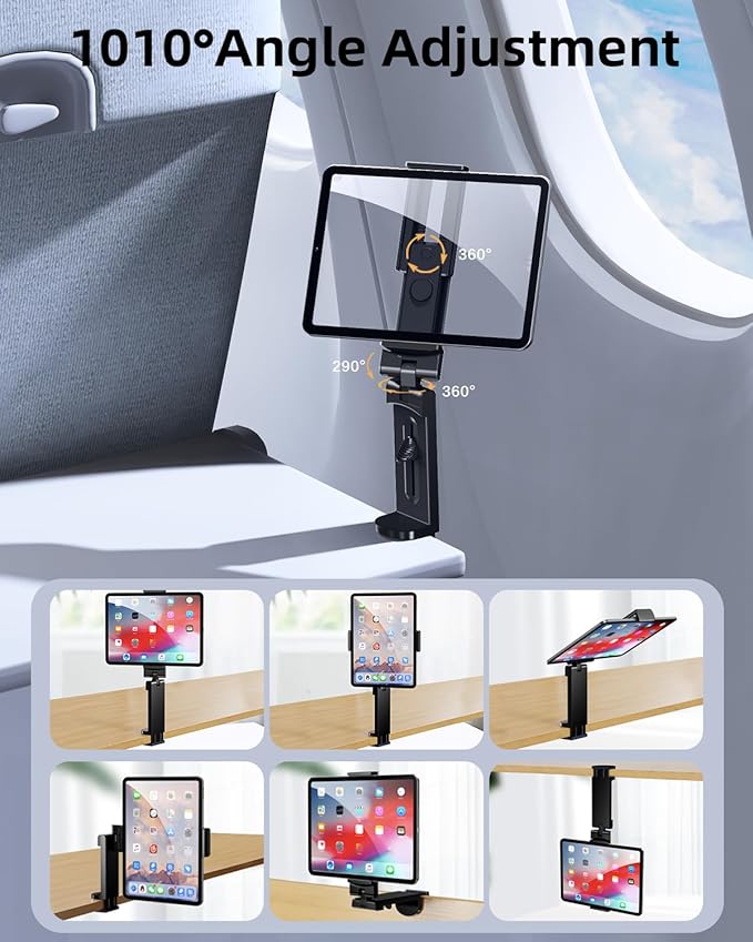 Universal Handfree Tablet Mount with 360 Degree Rotation, Compatible with 4-10" Smartphones & Tablets, Portable Travel Must Haves for Plane Tray Table, Home, Kitchen, Office, Outdoor