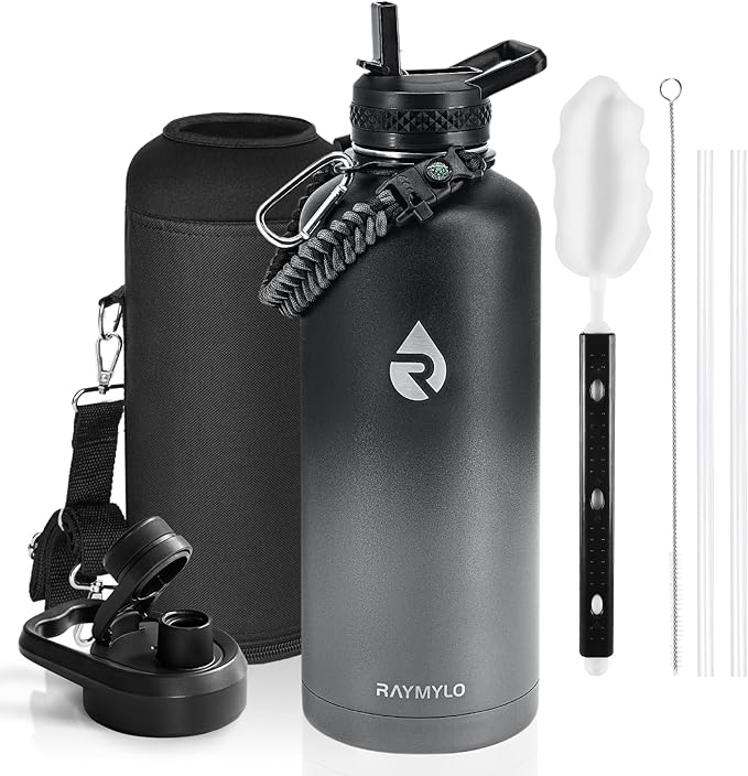 RAYMYLO Insulated Water Bottle 87 oz, Triple Wall Vacuum Stainless Steel (Cold for 48 Hrs), Leak Proof & Non-BPA, Modern Water Flask Jug with Paracord Handle & Straw Spout Lids, Dark Grey