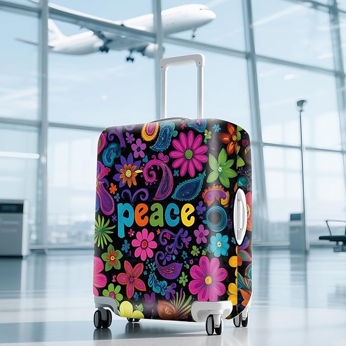ANNA QUEEN Peace Flowers Travel Luggage Cover -Spring Stretchable Airplane Suitcase Protector Sleeve,Universal Washable Fit for 28-30 Inch Checked Baggage,Water Resistant Durable Luggage Protector