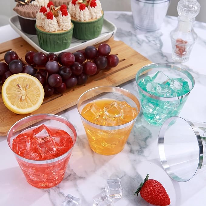 I00000 100PCS Silver Plastic Cups,9 oz Clear Plastic Cups with Silver Trim, Heavy-Duty Disposable Hard Cup For Party, Premium Cup Perfect for Wedding & Party