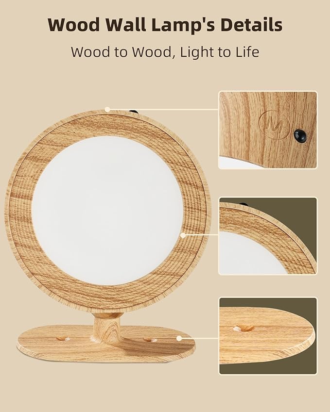 LED Wall Mounted Lights, Rechargeable Wall Sconce Lamps, 3 Color Temps & Remote and Touch, 360° Rotation Dimmable Cordless Wall Light for Study Bedroom Reading Bedside (Wood, 1 Pack)