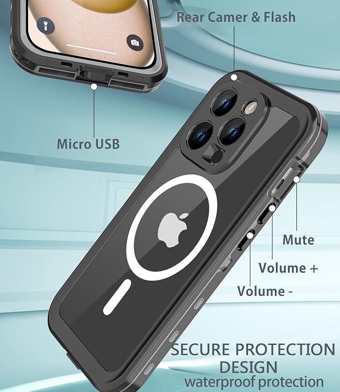 for iPhone 15 Pro Case Waterproof, [Shockproof] [Dustproof] [IP68 Waterproof] Full-Body Hard Case Built-in [Lens Screen Protection] for Diving Case (Black, for iPhone 15 Pro 6.1in)