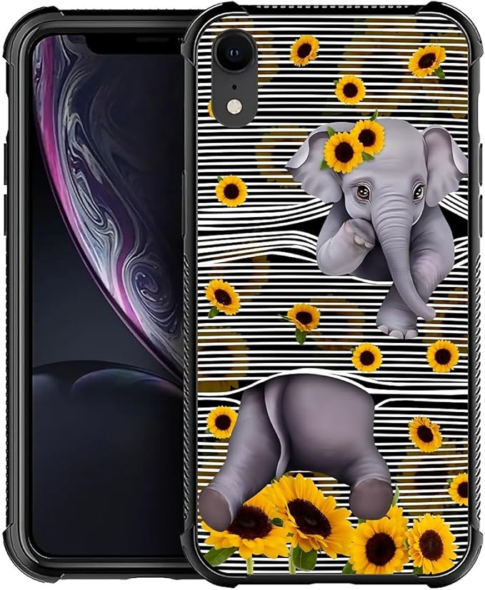 for iPhone XR Case, Cute Little Elephant Sunflower White Line Art Pattern Graphic Design Girl Boy Soft Silicone Hard Acrylic Shock Protection for iPhone XR