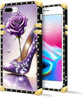 Compatible with iPhone 8 7 SE Case, High Heeled Purple Diamond Rose Luxury Golden Decoration for Girl Women Soft TPU Shockproof Protective Hard PC Back for iPhone 8 7 SE