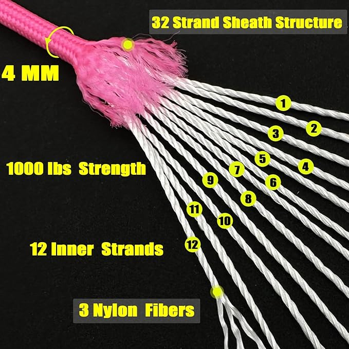 VVAAGG 1000 Pink Paracord 200FT Utility Parachute Cord 4mm Nylon String12 Strand Nylon Camping Rope, Tent Rope, Clothsline Rope for Survival & Camping Gear