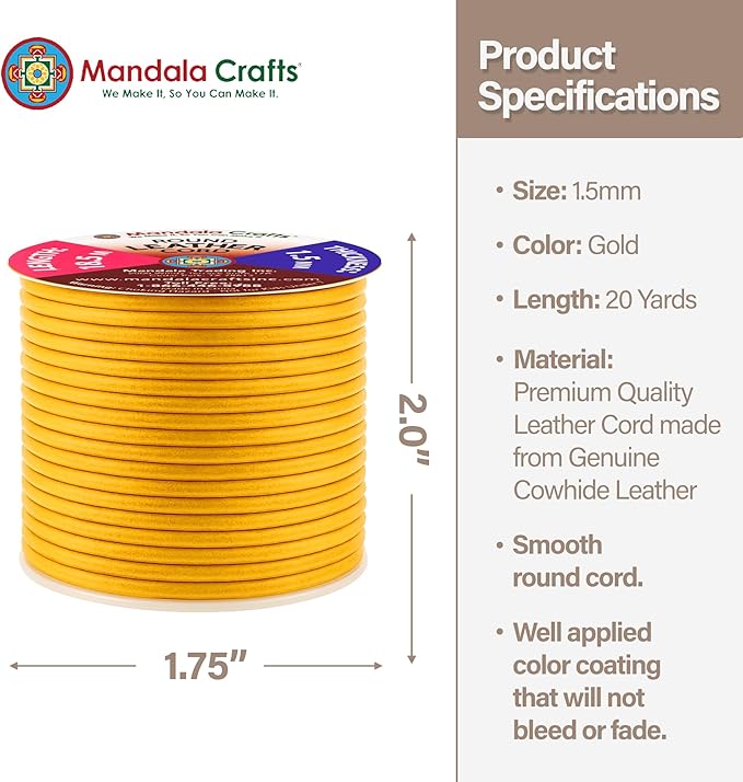 Mandala Crafts Round Genuine Gold Leather Cord for Jewelry Making – 1.5mm Cowhide Leather Rope String Lace for Kumihimo – 20 Yards Cowhide Craft Cording Spool