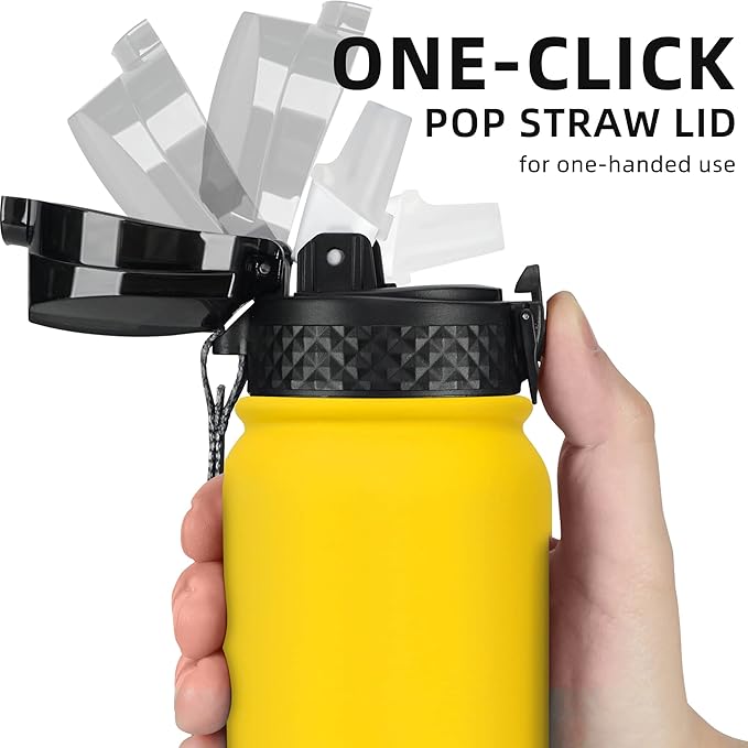 Fanhaw 20 oz Insulated Stainless Steel Water Bottle with Straw Lid, Leakproof & Anti-Dust Sports Bottle for Kids, Women & Men (Yellow)