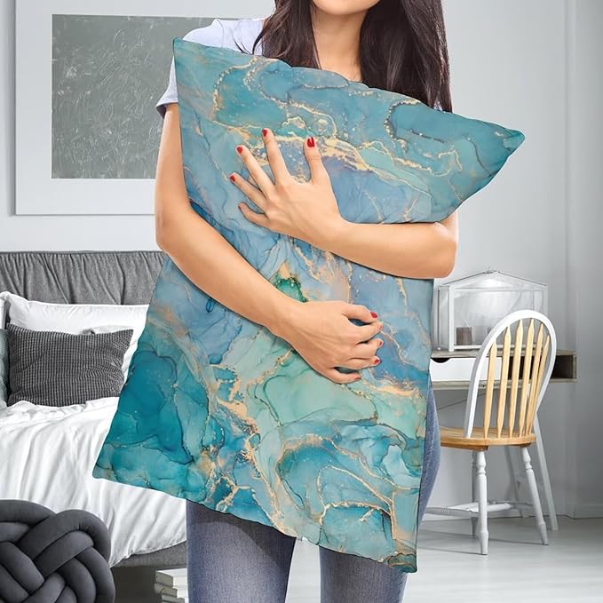 Teal Marble Throw Pillow Covers Set of 2 Queen Size Turquoise Blue Gold Natural Luxury Abstract Fluid Pillow Cushion Cases Standard Pillow Cases Decorative Pillowcase 20X30 Inch for Sofa Bed