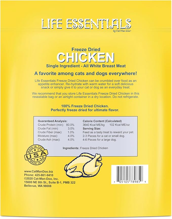 Life Essentials by Cat-Man-Doo Freeze Dried Chicken Dog & Cat Treats, Healthy Single Ingredient Training Treats for Dogs, Puppies & Cats, Made with Real Chicken – 5 oz