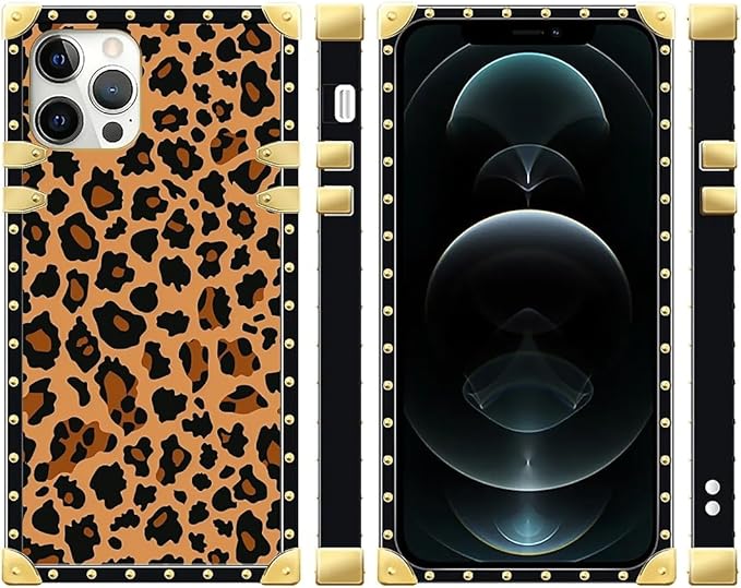 Compatible with iPhone 12 Case, Brown Leopard Texture Luxury Golden Decoration for Girl Women Soft TPU Shockproof Protective Hard PC Back for iPhone 12 Pro