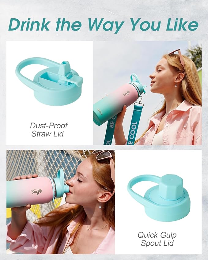 Coolflask Water Bottle with Straw, 40 oz Insulated Metal Water Flask with Straw & Spout Lids, Stainless Steel Double Wall Vacuum, Keep Cold 48h Hot 24h, Leak Proof, BPA-Free, Bubblegum Princess