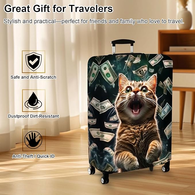 Luggage Cover Protector for 30-32 Inch Suitcases, TSA Approved Elastic Travel Suitcase Covers, Anti-Scratch Washable Luggage Sleeve for Carry On & Checked Bags, Excited Cat