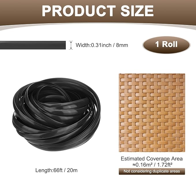 M METERXITY 1-Pack Wicker Repair Kit, 8mm x 66ft/20m Plastic Flat Rattan Replacement Supplies for Patio Furniture Repair/Basket Making/Chair Weaving, Synthetic Woven Rattan [Black]