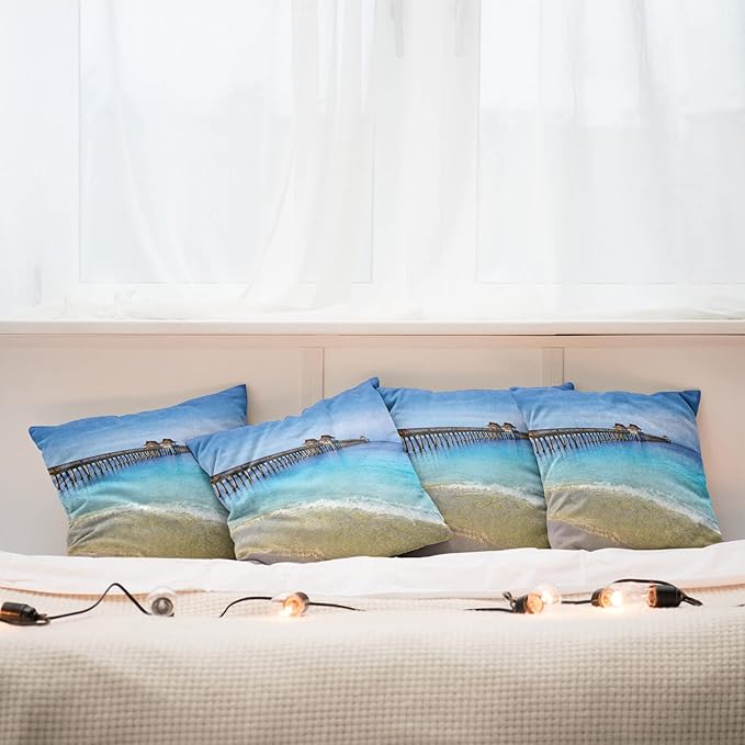 Ambesonne Dock Decorative Throw Pillow Case Pack of 4, Naples Pier Paradise Beach at Ocean in Florida USA Sunny Tropical Destination, Cushion Cover for Couch Living Room Car, 20", Azure Blue