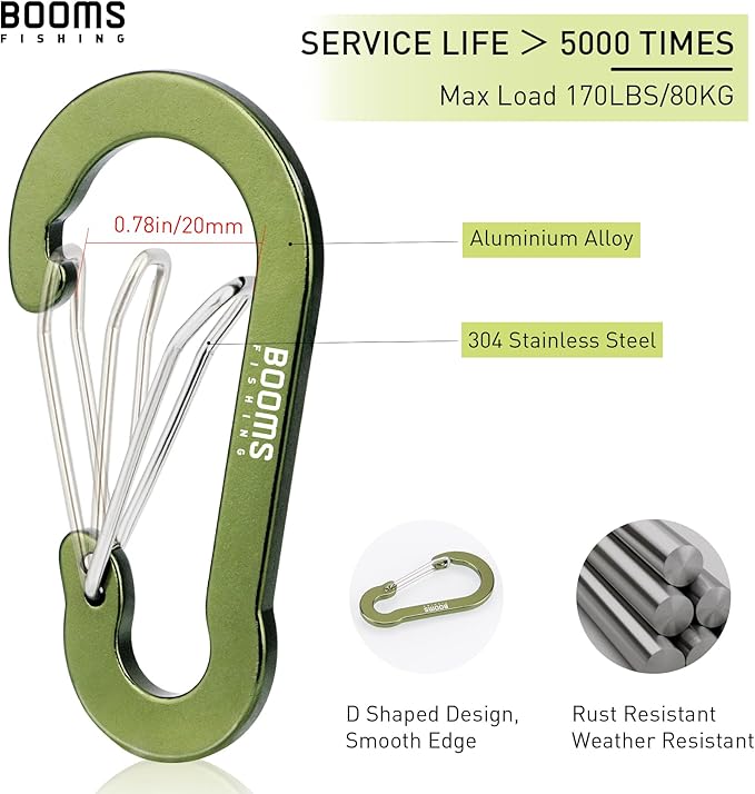 Booms Fishing CC5 Multi-Use Carabiner Clips, 10 Pack 2.7" Small Caribeener Clips, Mini Keychain Aluminum Caribeaner Clip