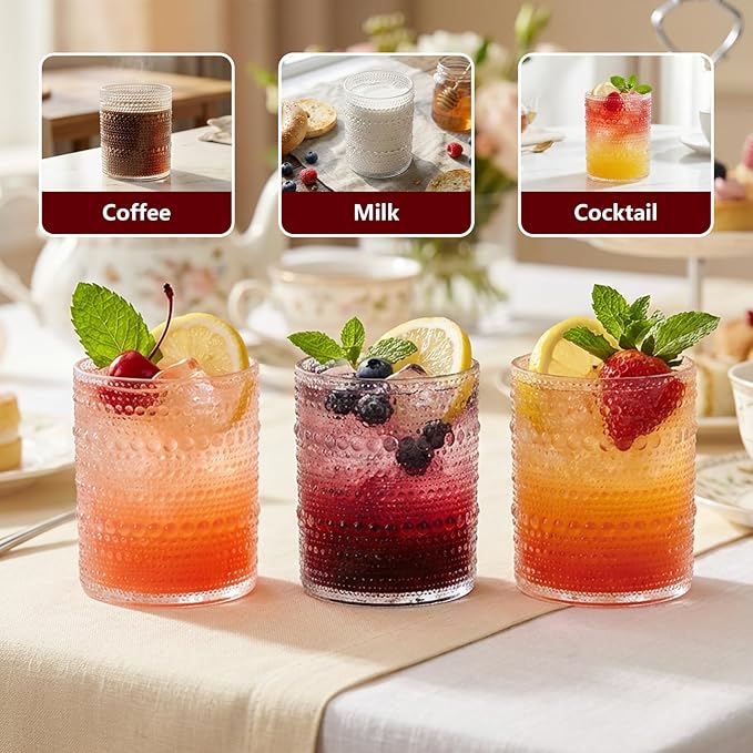 YOUBET 24PCS Plastic Hobnail Drinking Glasses - 14 Oz Clear Vintage Glasses Drinkware - Disposable Beaded Cups for Juice, Wine, Party
