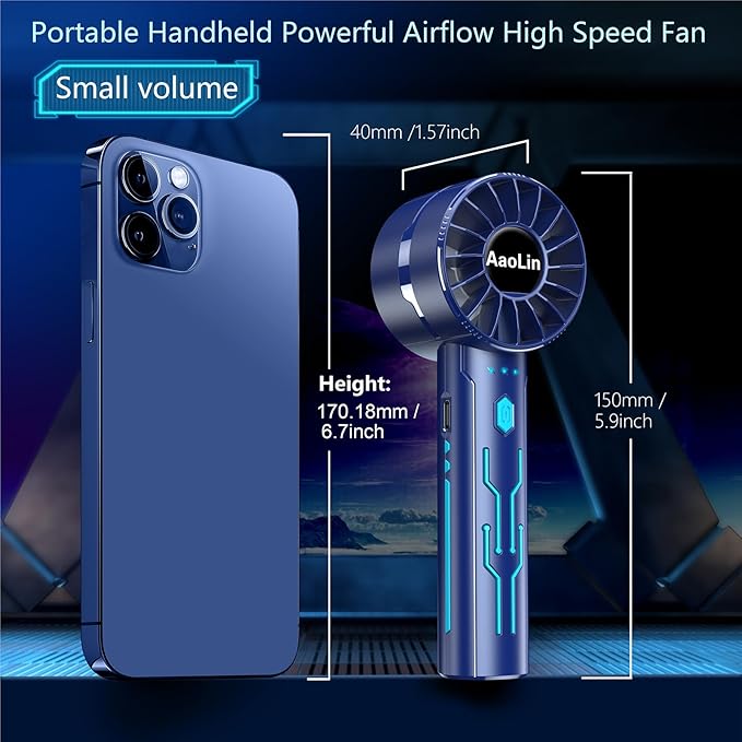 2pcs portable handheld fan personal fan portable neck fan small rechargeable fan usb mini small fan high speed motor lasts 4-16 hours 4-speed lanyard fan for summer outdoor travel children (G2-Blue)
