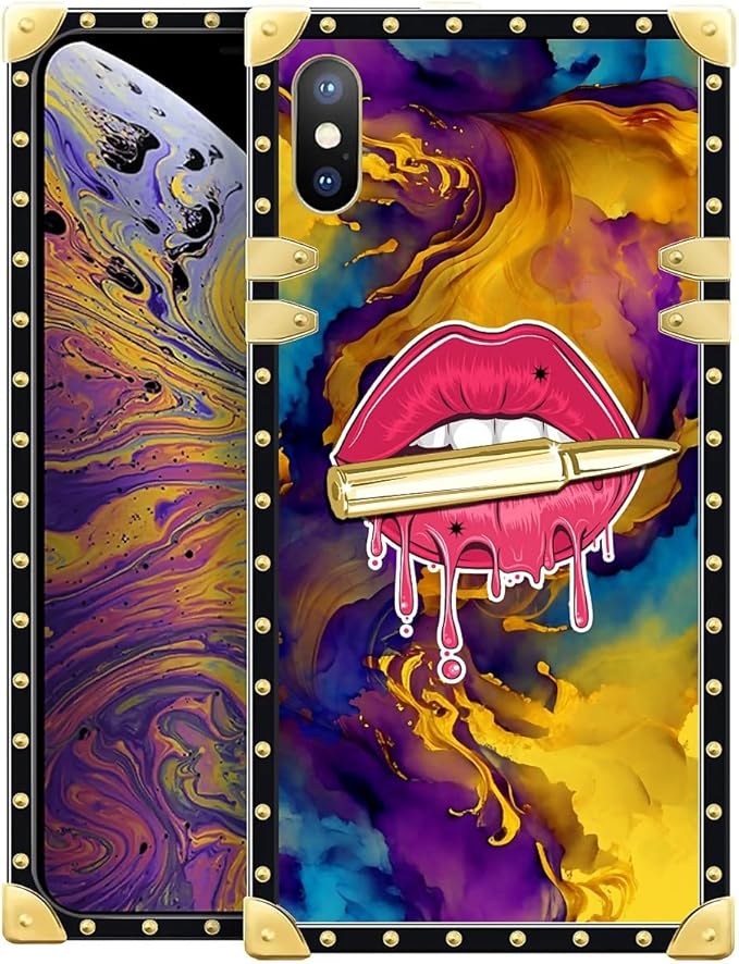 Compatible with iPhone XR Case, Cool Corlorful Lip Marble Luxury Golden Decoration for Girl Women Soft TPU Shockproof Protective Hard PC Back for iPhone XR