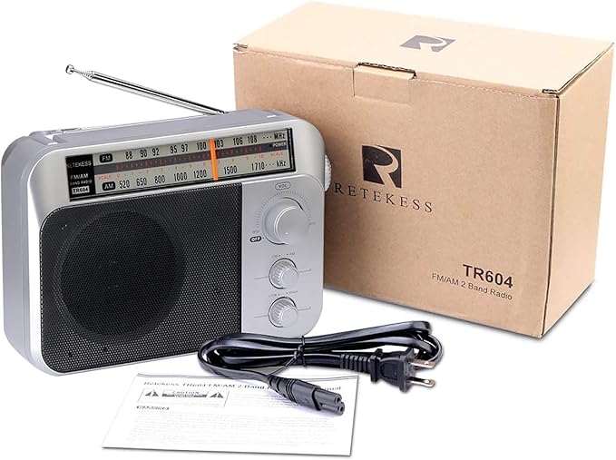Retekess TR604 AM FM Radio Portable Transistor Analog Radio with 3.5mm Earphone Jack Battery Operated Boombox by 3 D Cell Batteries or AC Power (Silver, AM FM)