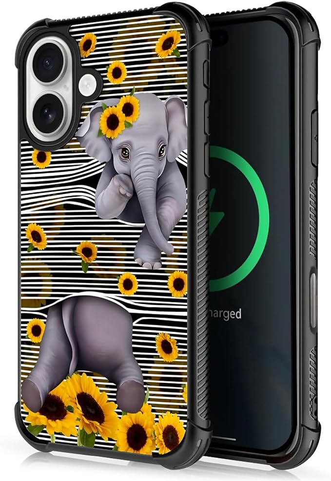 for iPhone 17 Case,for MagSafe Graphic Design for Girl Boy Soft Silicone Hard Acrylic Shock Protection Designed for iPhone 17 Cute Little Elephant Sunflower White Line Art Pattern