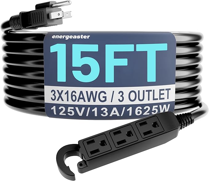 Energeaster 16/3 15 Ft 3 Outlet Extension Cord Outdoor Waterproof, Black Extension Cords with Multiple Outlets, 3 Prong with Multi Outlet Outside 13A 1625W 16AWG, ETL Listed