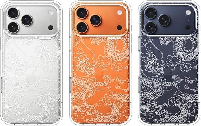 MOSNOVO for iPhone 17 Pro Max Case | Military Grade 6.6ft Drop Tested | Camera Control | Clear with White Dragon Design