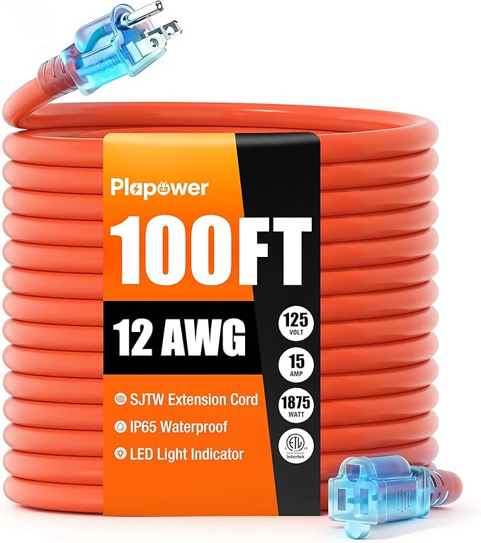 Outdoor Extension Cord 100 FT Waterproof, 12/3 Gauge Heavy Duty 3 Prong Power Cord with Lighted Indicator End, 15A 125V 1875W SJTW, ETL Listed, Great for Lawn/Garden/Home(Orange)