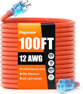 Outdoor Extension Cord 100 FT Waterproof, 12/3 Gauge Heavy Duty 3 Prong Power Cord with Lighted Indicator End, 15A 125V 1875W SJTW, ETL Listed, Great for Lawn/Garden/Home(Orange)