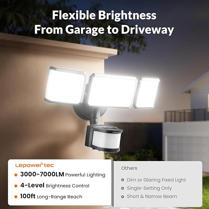 LEPOWER-TEC Zero Blind Spots Outdoor Security Light with 240° & 100ft Dual PIR Motion Sensor, 7000LM Adjustable Flood Light Brightness for Garage Driveway, Dusk to Dawn, IP65, Easy Hardwired Install