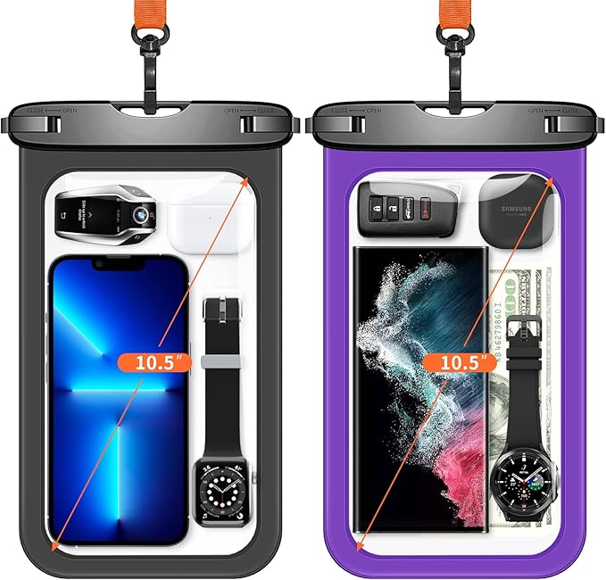 Lanhiem Large Waterproof Phone Pouch [Up to 10.5"] Universal IPX8 Waterproof Dry Bag with Lanyard for iPhone 17 Pro Max /16, S25 Ultra/ S24/ S23 Plus/ S25 FE, Moto G/Pixel 10 9 8 Pro, Black+Purple