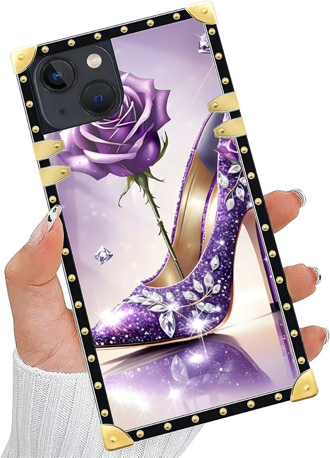 Compatible with iPhone 13 Case, High Heeled Purple Diamond Rose Luxury Golden Decoration for Girl Women Soft TPU Shockproof Protective Hard PC Back for iPhone 13