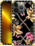 Compatible with iPhone 13 Pro Case, Pink Golden Chain Tropical Flower Luxury Golden Decoration for Girl Women Soft TPU Shockproof Protective Hard PC Back for iPhone 13 Pro
