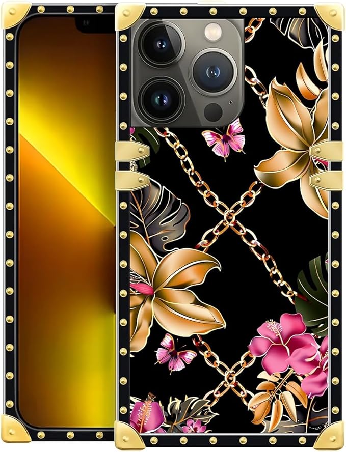 Compatible with iPhone 13 Pro Case, Pink Golden Chain Tropical Flower Luxury Golden Decoration for Girl Women Soft TPU Shockproof Protective Hard PC Back for iPhone 13 Pro