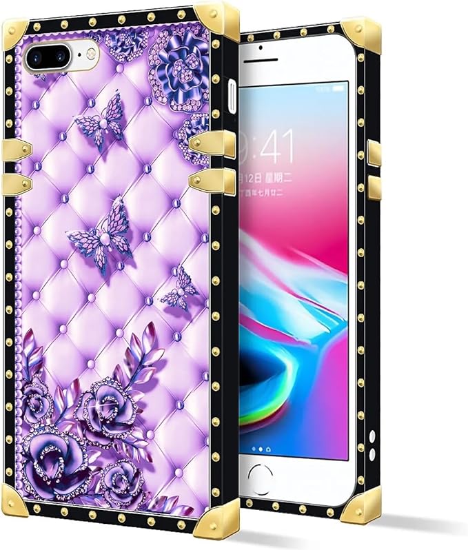 Compatible with iPhone 8 Plus 7 Plus Case, Purple Butterfly Flowers Leaf Luxury Golden Decoration for Girl Women Soft TPU Shockproof Protective Hard PC Back for iPhone 8 Plus 7 Plus